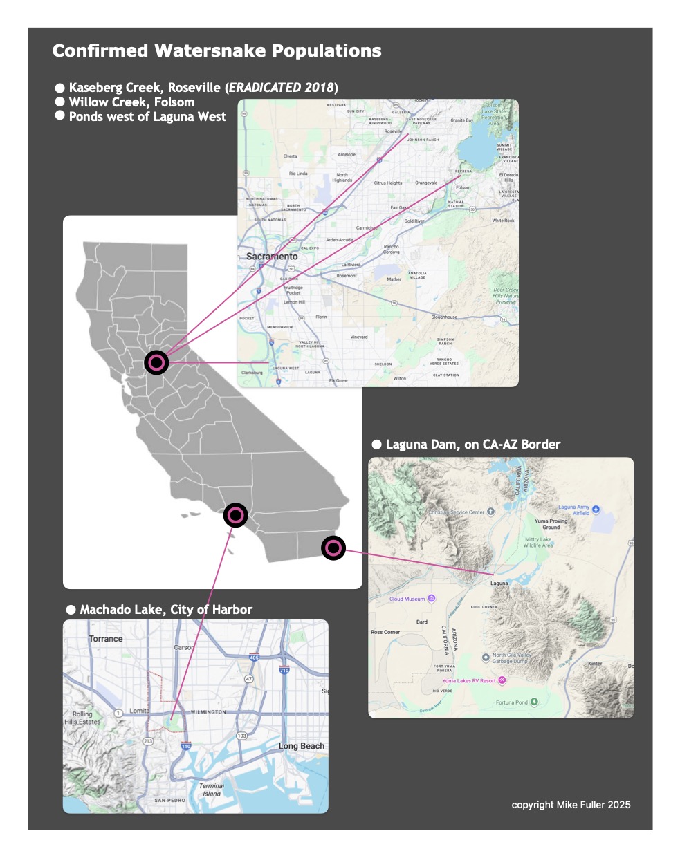 Map of known watersnake populations in California